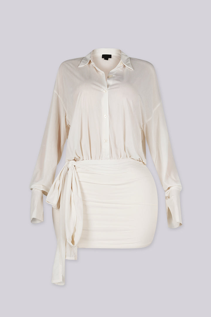 Mesh long sleeves pointed collar button up mini dress with relaxed oversized fit through the body