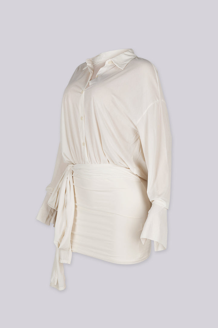Mesh long sleeves pointed collar button up mini dress with relaxed oversized fit through the body