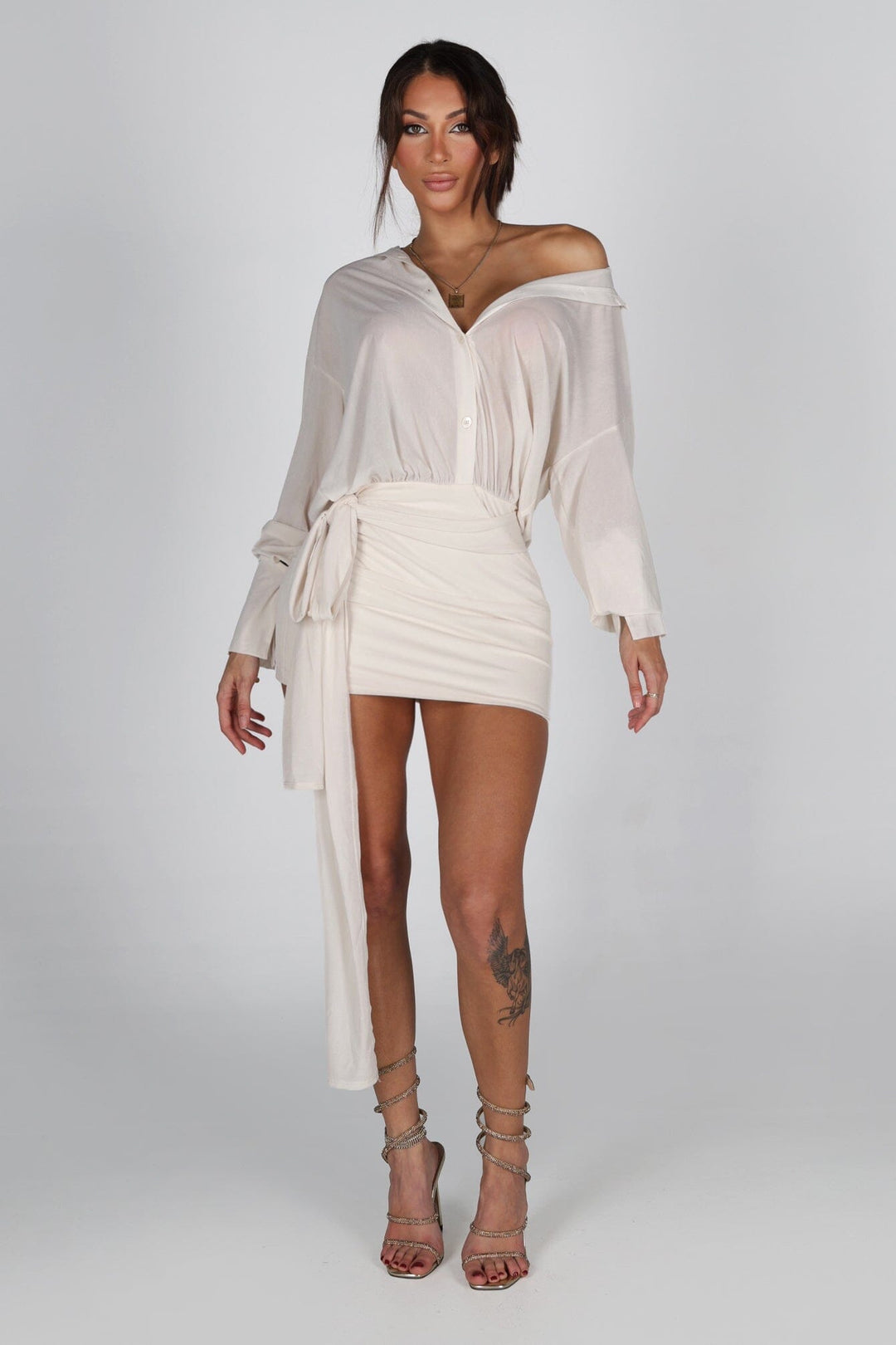 Mesh long sleeves pointed collar mini dress with relaxed oversized fit through the bodice