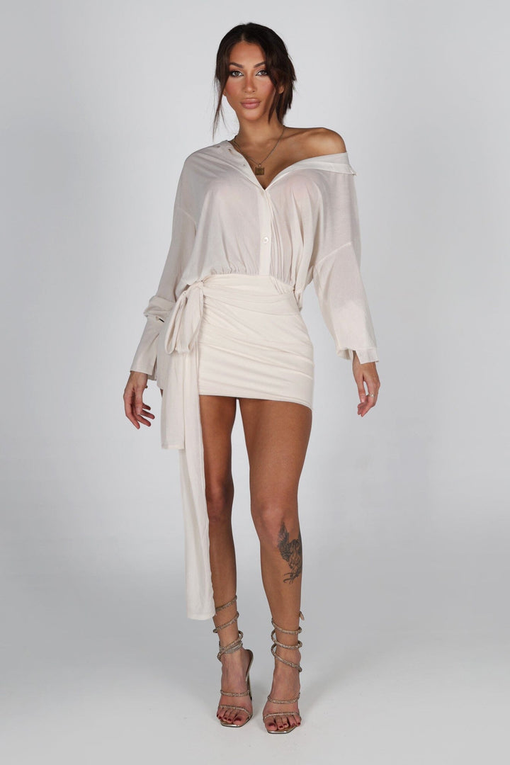 Mesh long sleeves pointed collar mini dress with relaxed oversized fit through the bodice