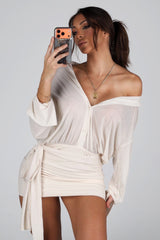 Mesh long sleeves pointed collar mini dress with relaxed oversized fit through the bodice