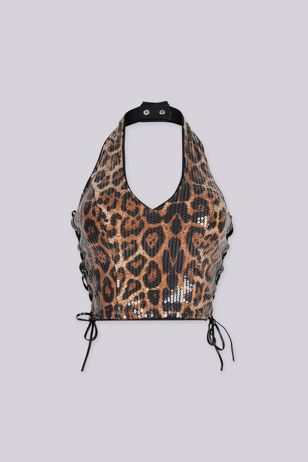 Leopard print sequin halter top with deep V plunges down the center front