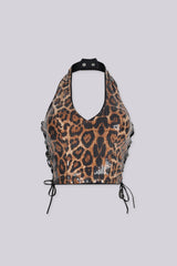 Leopard print sequin halter top with deep V plunges down the center front