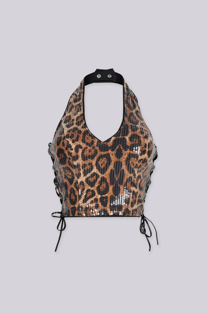 Leopard print sequin halter top with deep V plunges down the center front