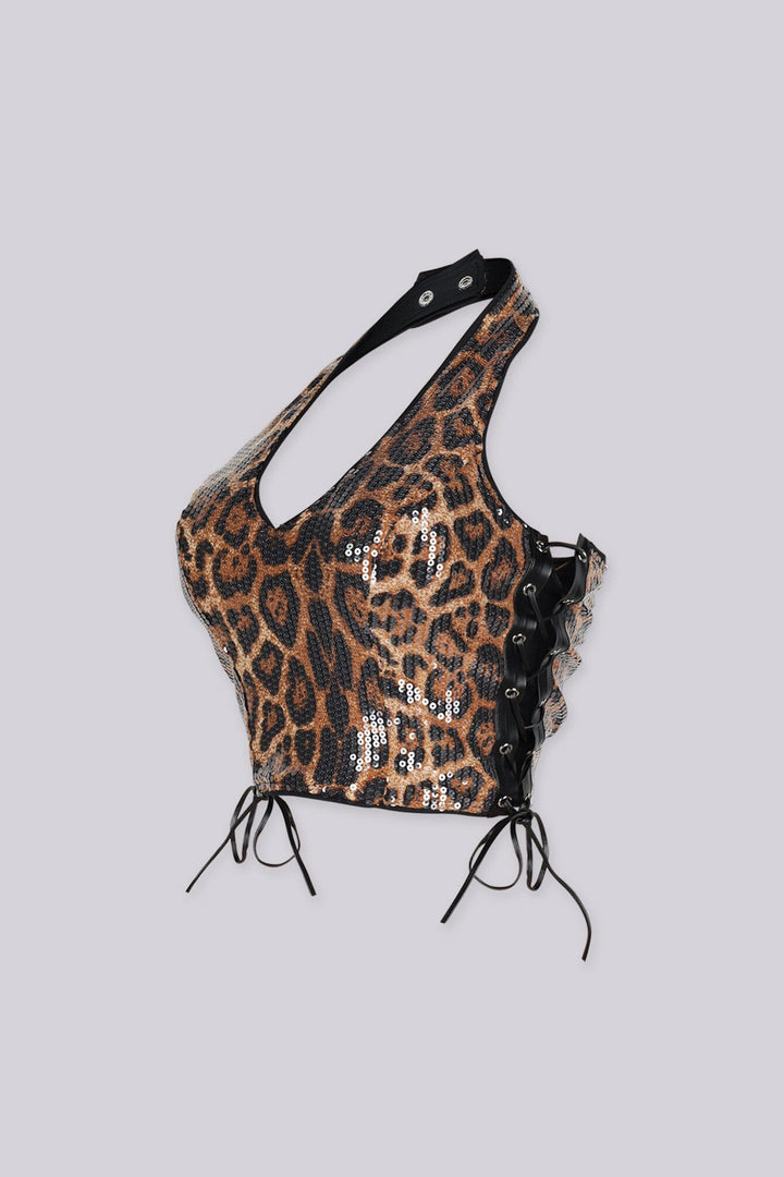 Leopard print sequin halter top with deep V plunges down the center front