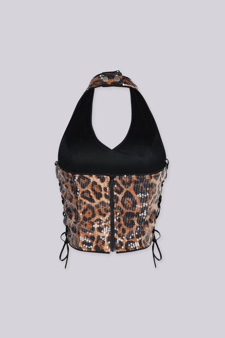 Leopard print sequin halter top with deep V plunges down the center front