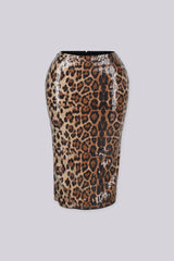 High waisted leopard print midi skirt with fully dazzling sequined fabric