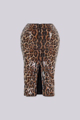 High waisted leopard print midi skirt with fully dazzling sequined fabric