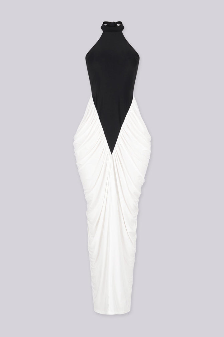 Modern evening-wear mock neck sleeveless maxi dress