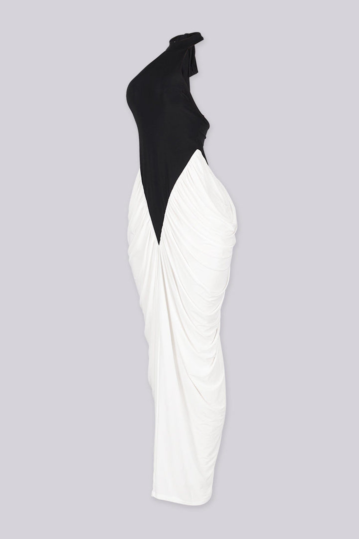 Modern evening-wear mock neck sleeveless maxi dress