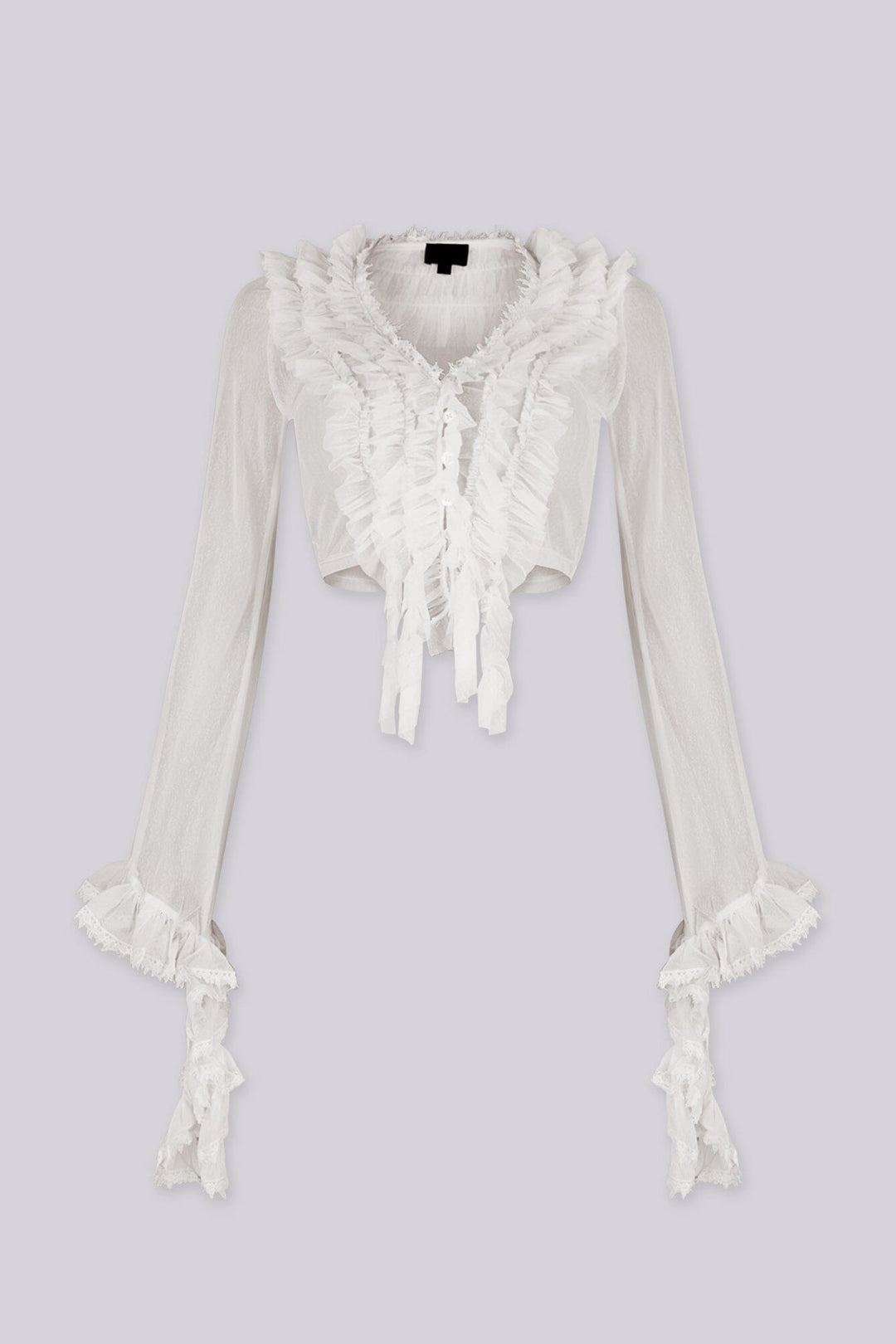 Sheer, long-sleeve cropped blouse with matching lace trim flared sleeves
