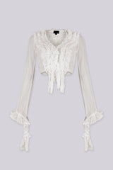 Sheer, long-sleeve cropped blouse with matching lace trim flared sleeves