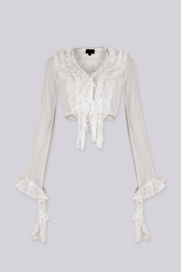 Sheer, long-sleeve cropped blouse with matching lace trim flared sleeves