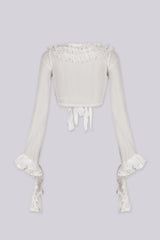 Sheer, long-sleeve cropped blouse with matching lace trim flared sleeves