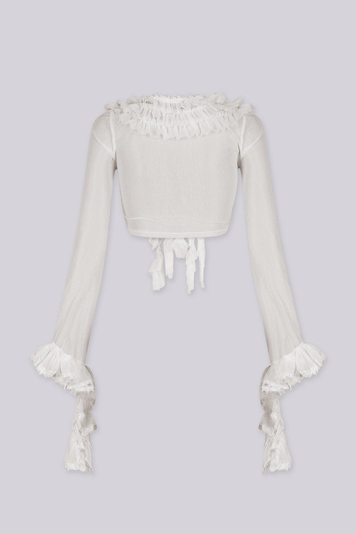 Sheer, long-sleeve cropped blouse with matching lace trim flared sleeves