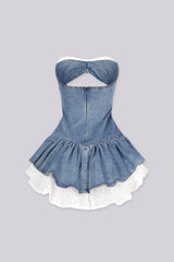 Denim tube dress with a keyhole cutout, back view.