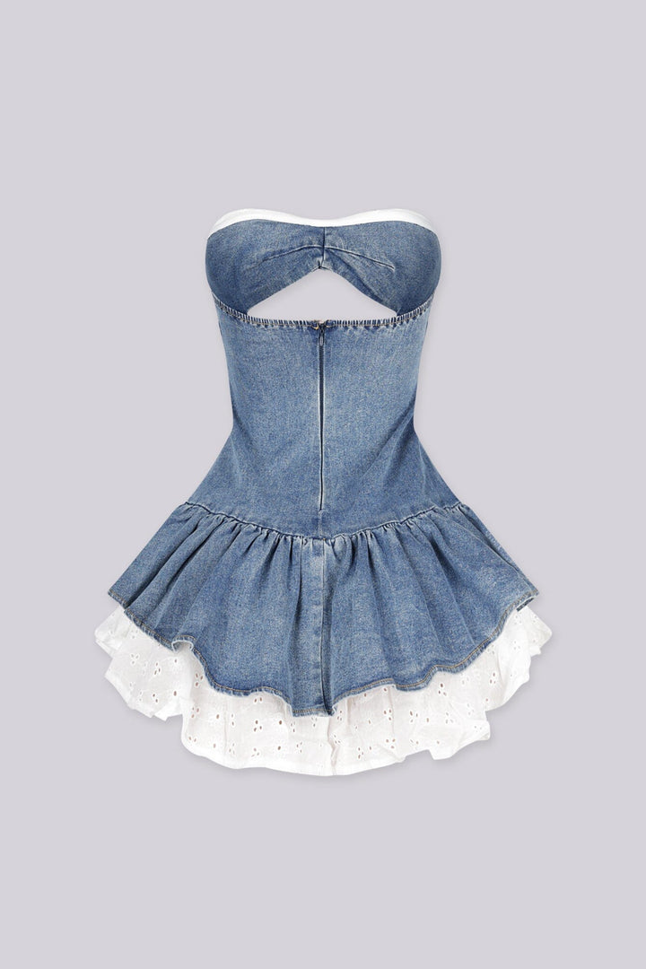 Denim tube dress with a keyhole cutout, back view.