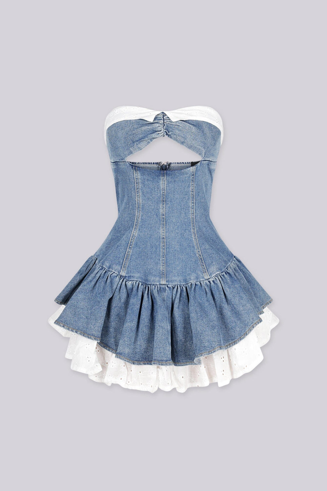 Denim tube dress with a keyhole cutout, front view.