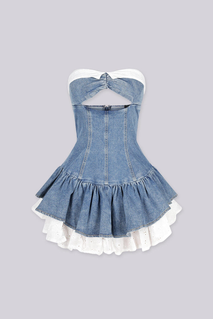 Denim tube dress with a keyhole cutout, front view.