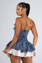 Denim tube dress with a keyhole cutout, front view