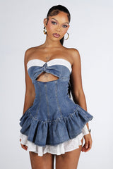 Denim tube dress with a keyhole cutout, front view