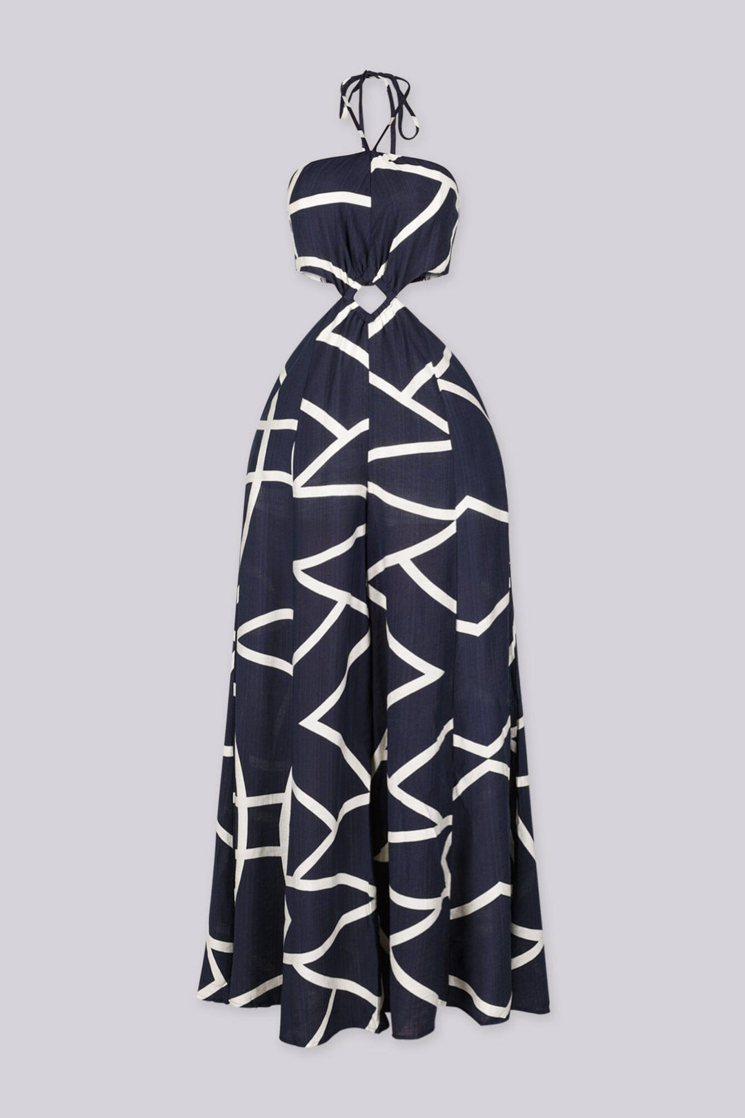 Linen abstract print wide leg halter jumpsuit featuring cutout waist with a square detail at the center