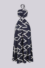 Linen abstract print wide leg halter jumpsuit featuring cutout waist with a square detail at the center