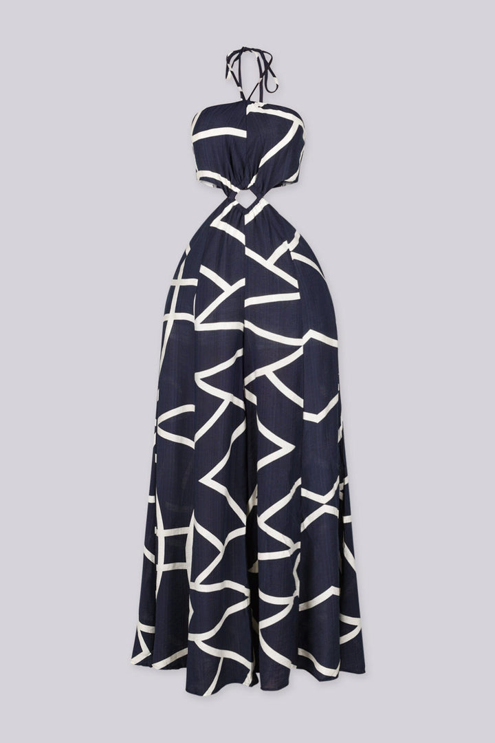 Linen abstract print wide leg halter jumpsuit featuring cutout waist with a square detail at the center