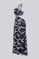 Linen abstract print wide leg halter jumpsuit featuring cutout waist with a square detail at the center