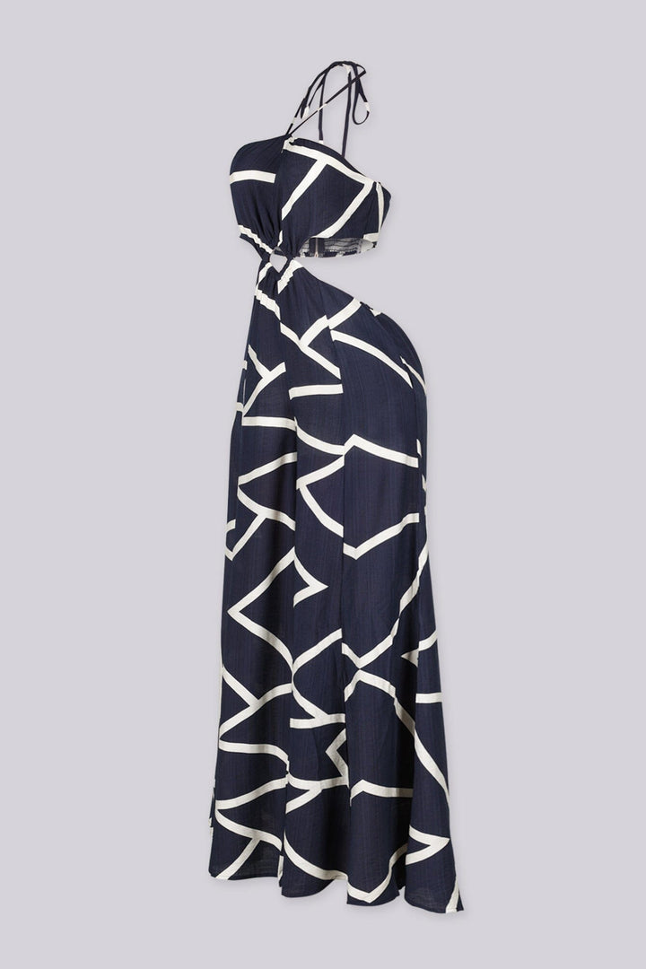 Linen abstract print wide leg halter jumpsuit featuring cutout waist with a square detail at the center