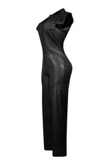 Wide leg sleeveless faux leather jumpsuit featuring seamed construction bodice and button down closure