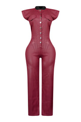 Wide leg sleeveless faux leather jumpsuit featuring seamed construction bodice and button down closure