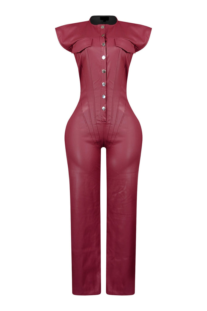 Wide leg sleeveless faux leather jumpsuit featuring seamed construction bodice and button down closure