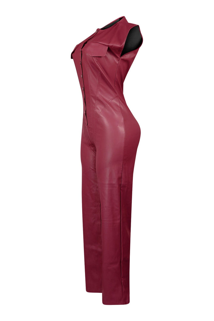 Wide leg sleeveless faux leather jumpsuit featuring seamed construction bodice and button down closure