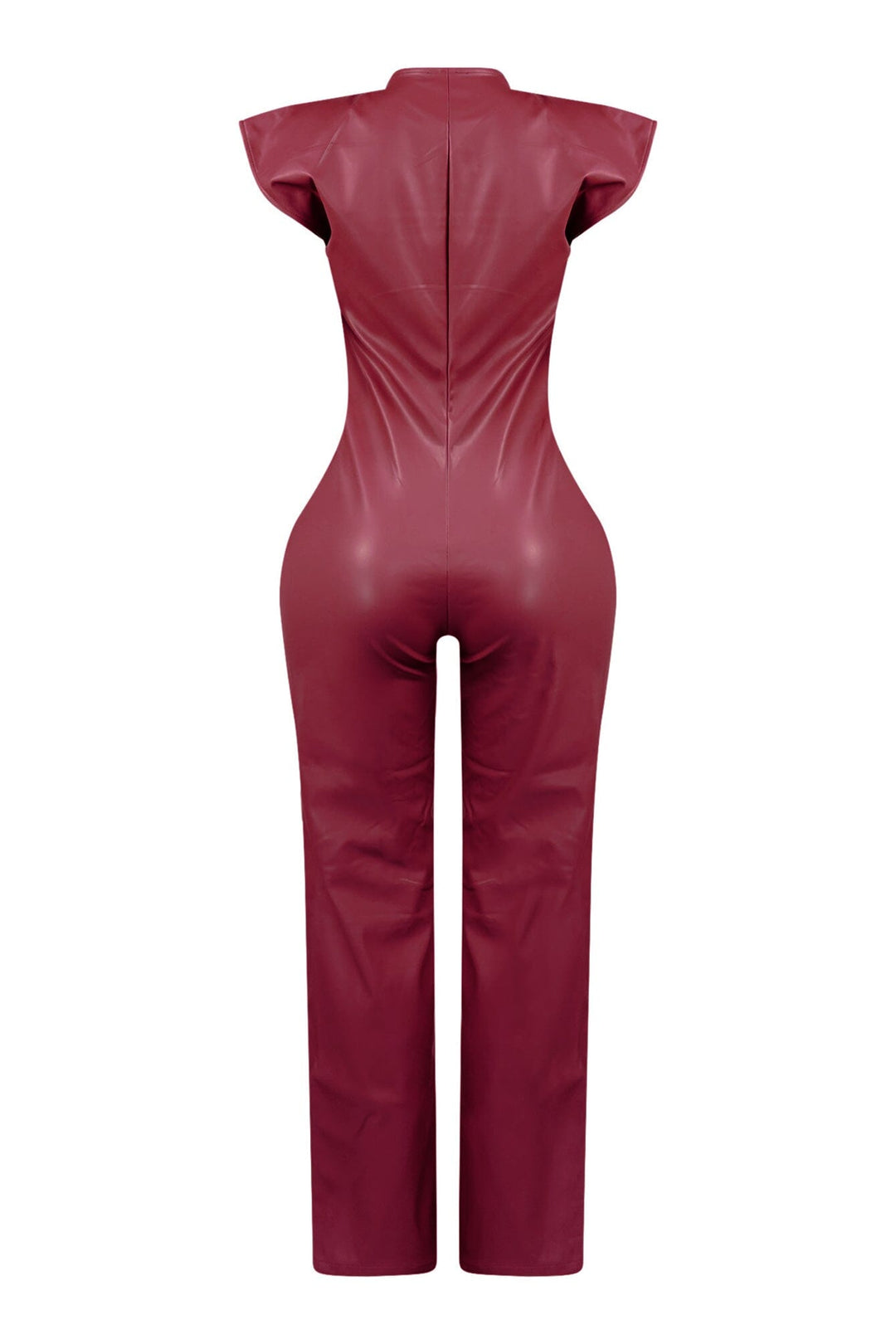 Wide leg sleeveless faux leather jumpsuit featuring seamed construction bodice and button down closure