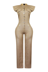 Wide leg sleeveless faux leather jumpsuit featuring seamed construction bodice and button down closure