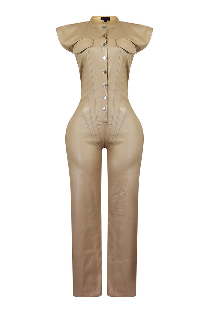 Wide leg sleeveless faux leather jumpsuit featuring seamed construction bodice and button down closure
