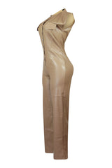 Wide leg sleeveless faux leather jumpsuit featuring seamed construction bodice and button down closure