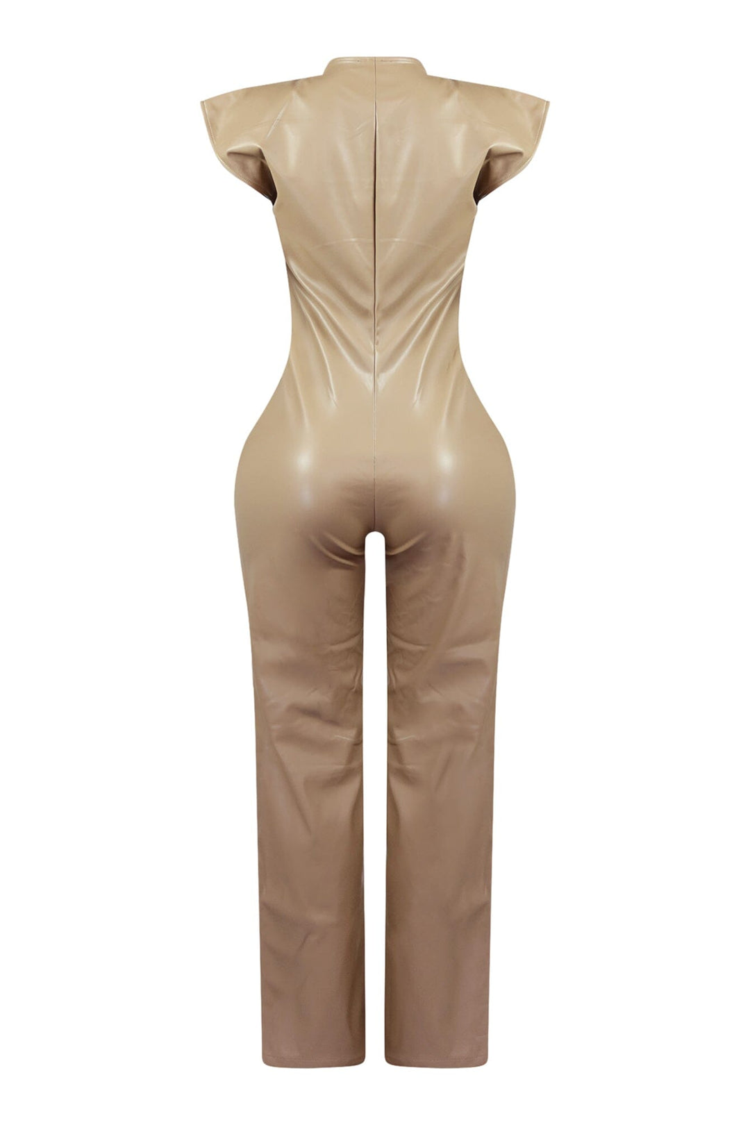 Wide leg sleeveless faux leather jumpsuit featuring seamed construction bodice and button down closure