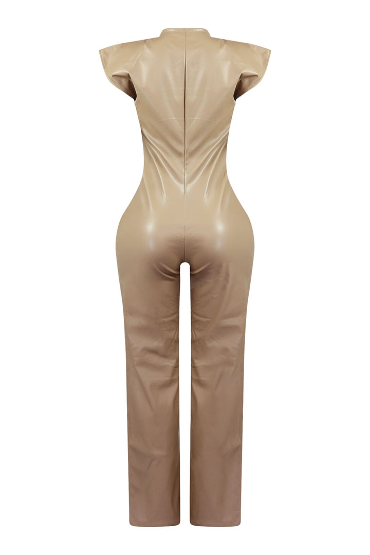 Wide leg sleeveless faux leather jumpsuit featuring seamed construction bodice and button down closure