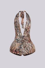 Mixed animal print halter neckline romper with plunging deep V front