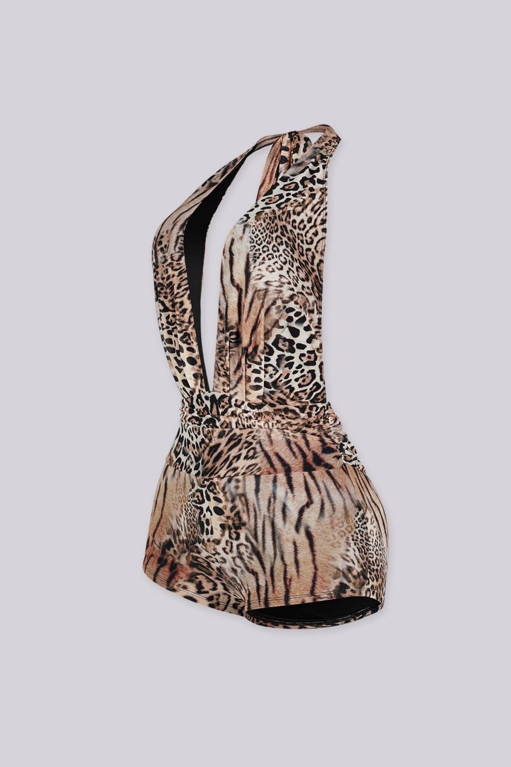 Mixed animal print halter neckline romper with plunging deep V front