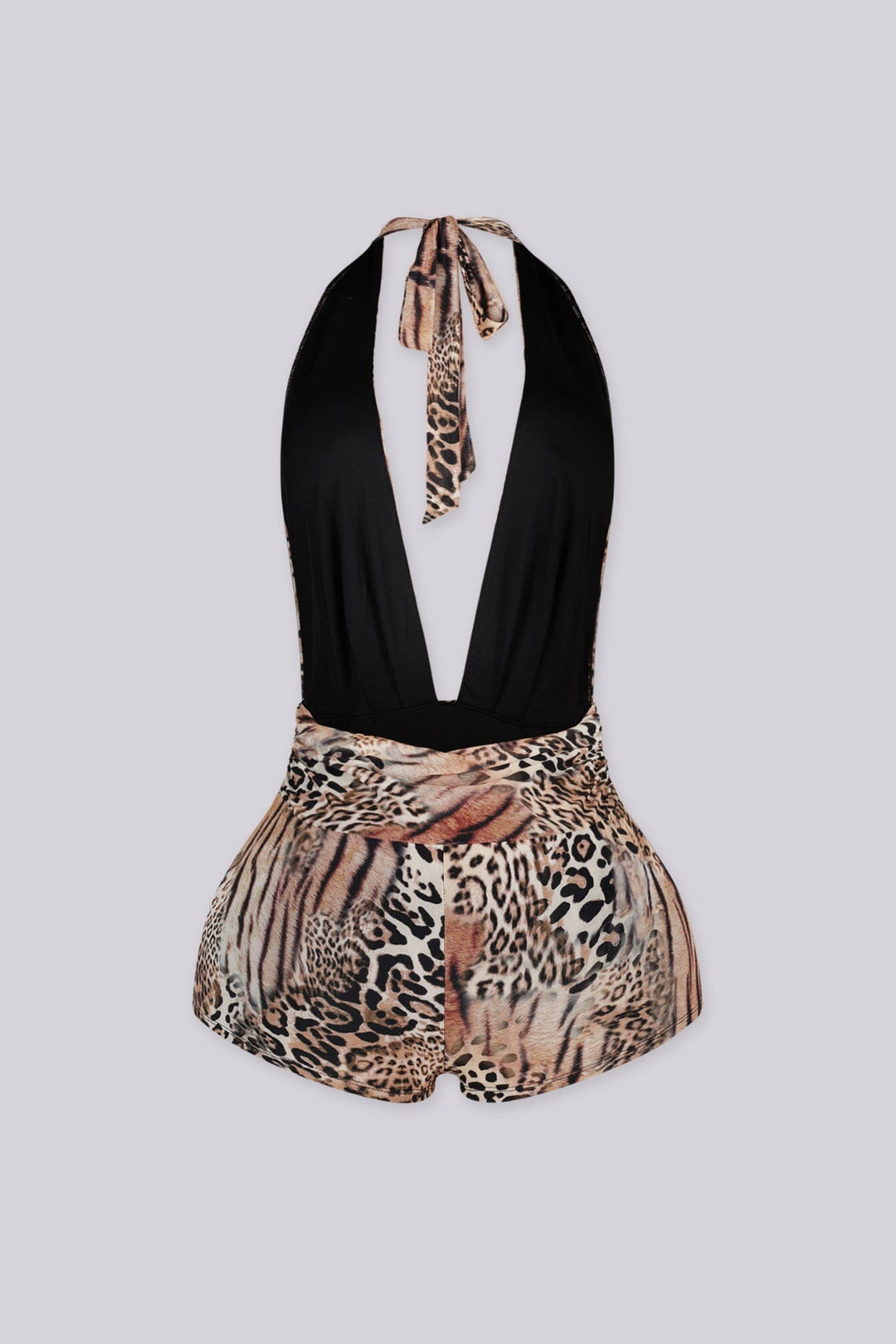 Mixed animal print halter neckline romper with plunging deep V front