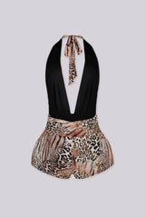 Mixed animal print halter neckline romper with plunging deep V front