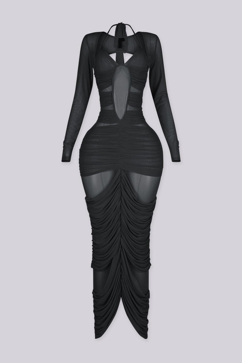 Long sleeve maxi dress with halter neckline and plunging bust featuring sheer cutout panels