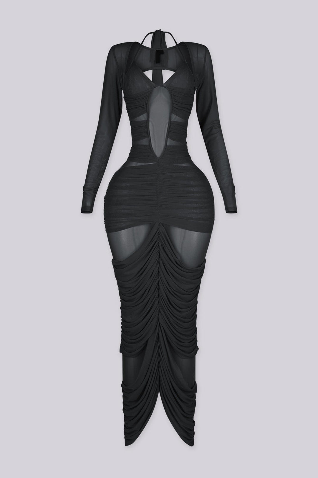Long sleeve maxi dress with halter neckline and plunging bust featuring sheer cutout panels