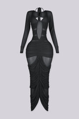 Long sleeve maxi dress with halter neckline and plunging bust featuring sheer cutout panels