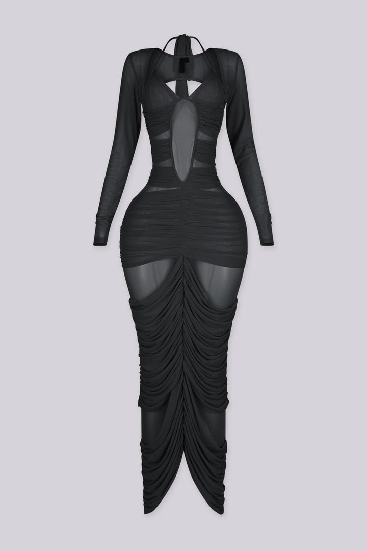 Long sleeve maxi dress with halter neckline and plunging bust featuring sheer cutout panels