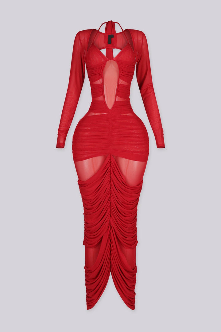 Long sleeve maxi dress with halter neckline and plunging bust featuring sheer cutout panels