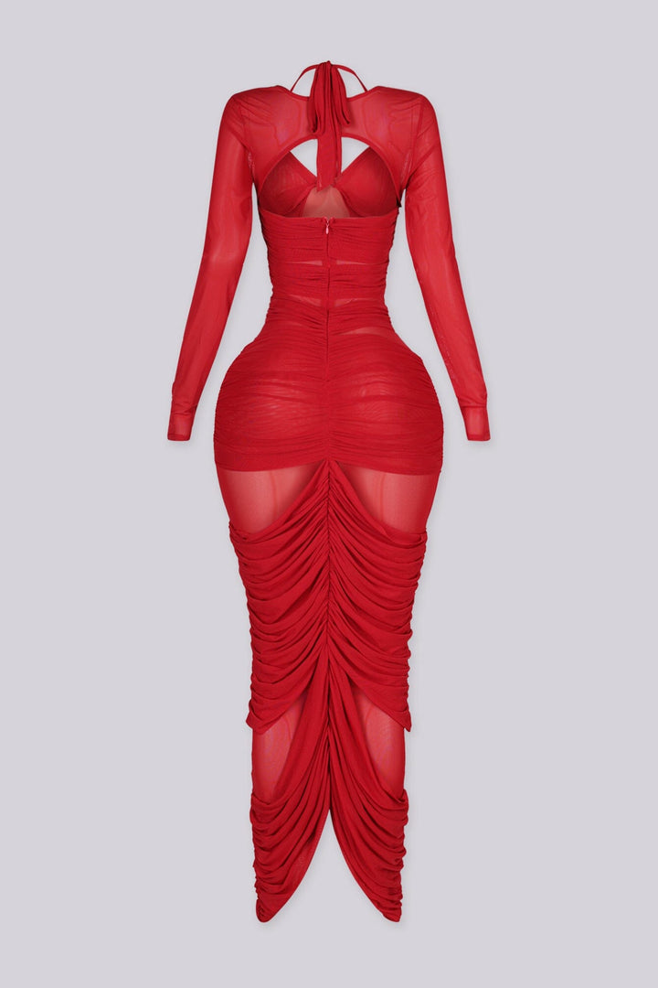 Kamila Mesh Ruched Halter Maxi Dress